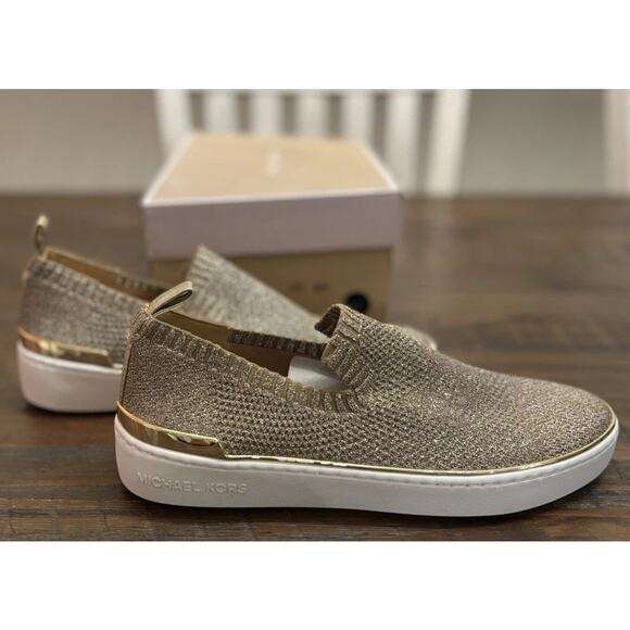Michael Kors Juno Knit Slip On Sneaker Sparkle Gold Fashion Metallic 8M (NWB) - Picture 3 of 12